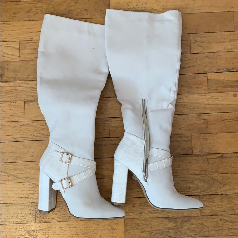 White heeled JustFab knee high boots!